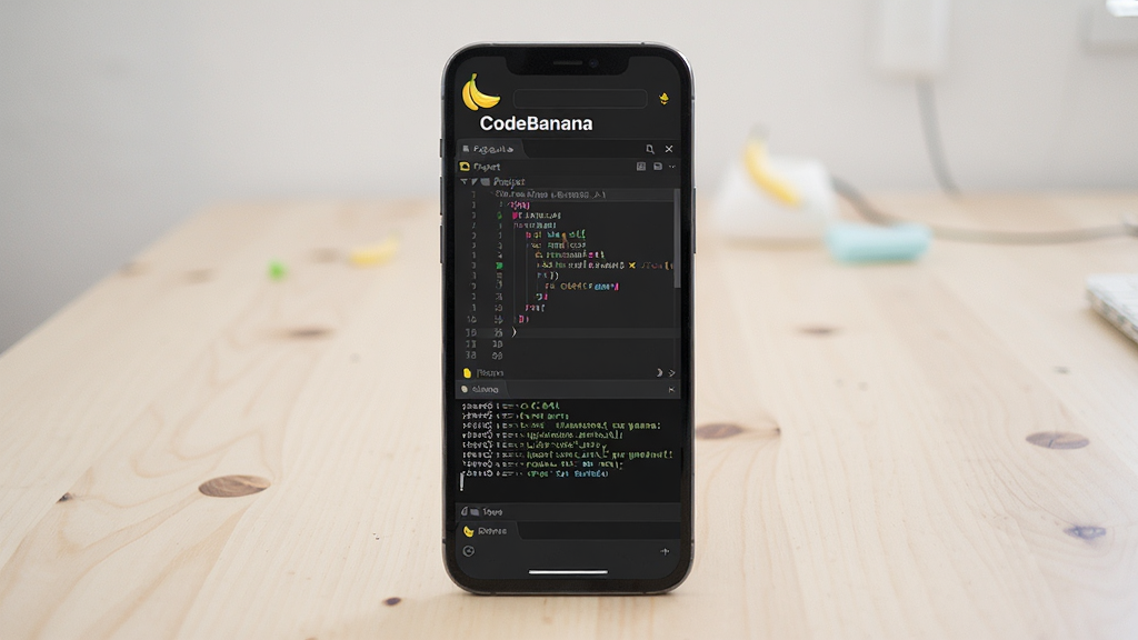 һ��չʾ CodeBanana ����������Ĳ�ƷԤ��ͼ������Ϊһ�������ֻ������ڸɾ�ǳɫ�������룬��Ļ����ʾ��ɫ����Ĵ���༭�����棬������\
