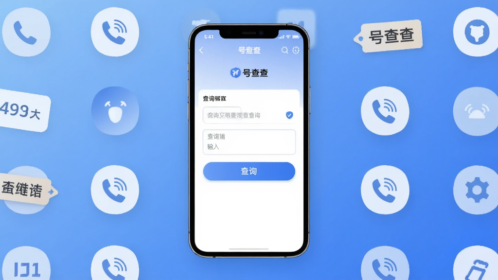 一张展示号查查软件主界面的图片,画面中央是手机屏幕,屏幕上显示号查查APP的查询输入框和查询按钮,背景是柔和的蓝色渐变,周围环绕着各种电话号码图标和标记标签,风格简洁现代,细节清晰,画质干净,无多余元素