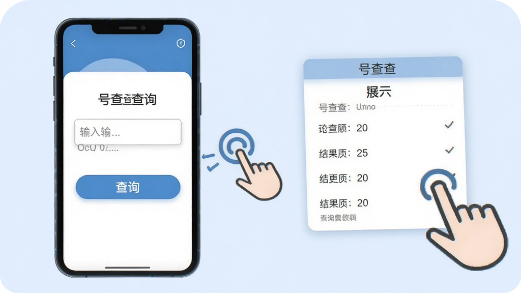 号查查软件使用教程示意图,画面中一部手机展示号查查查询操作步骤,有输入框、查询按钮和结果展示,旁边有手指点击的图标,背景为淡蓝色,风格清晰明了,画质干净,无多余元素