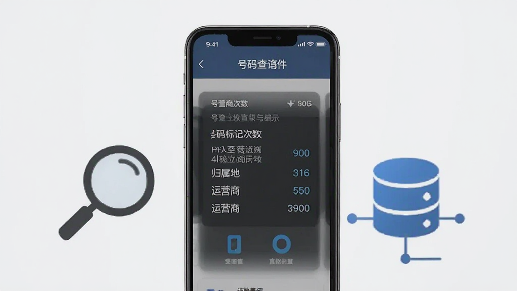 号查查软件功能展示图,画面中一部手机显示号码查询结果页面,页面上清晰展示号码标记次数、归属地、运营商等信息,旁边有放大镜和数据库图标,背景为浅灰色,风格商务简洁,画质清晰,无多余元素