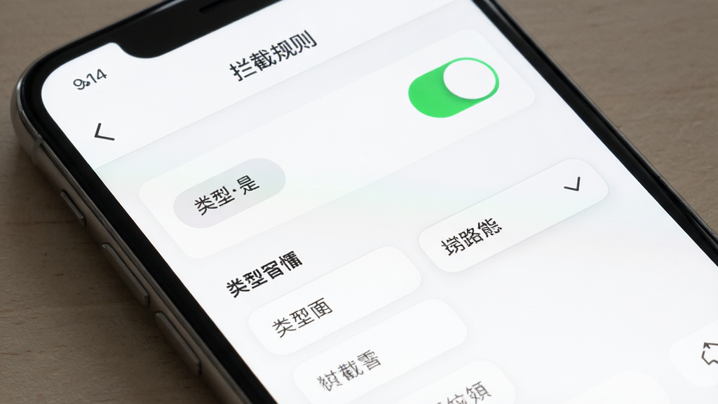 号查查软件拦截设置界面图,画面中手机屏幕显示拦截规则设置页面,有开关按钮和类型选择,背景为白色,风格清新简约,细节丰富,画质干净,无多余元素