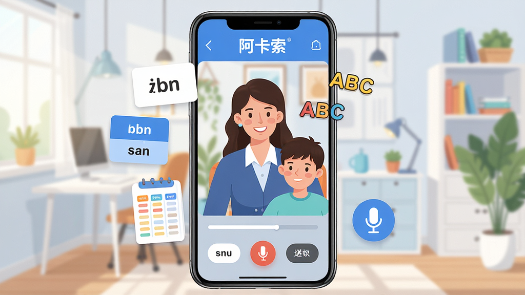 手机屏幕中央显示“阿卡索”在线英语学习界面,一位外教老师与一名学生在视频窗口中互动,周围环绕单词卡片、课程表、麦克风图标,背景为明亮的居家书房,布局为竖版手机应用展示风格,排版突出视频通话窗口与学习功能按钮,风格为现代教育科技插画,细节包含微笑的外教、专注的学生、浮动字母“ABC”、进度条,画质高清,干净,无多余元素