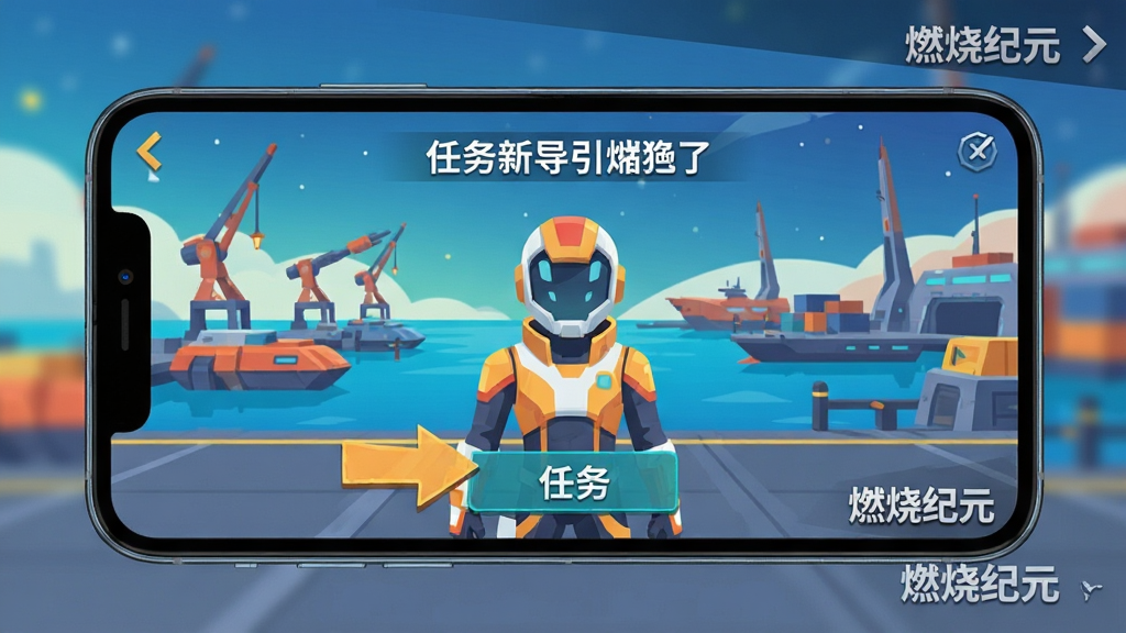 燃烧纪元新手引导界面,画面展示一个手机屏幕,屏幕中显示游戏角色正在接受任务指引,界面上有箭头指向任务按钮,背景为星际港口,风格为扁平化设计,色彩明亮,画质清晰,画面角落有“燃烧纪元”文字标识,干净无杂物