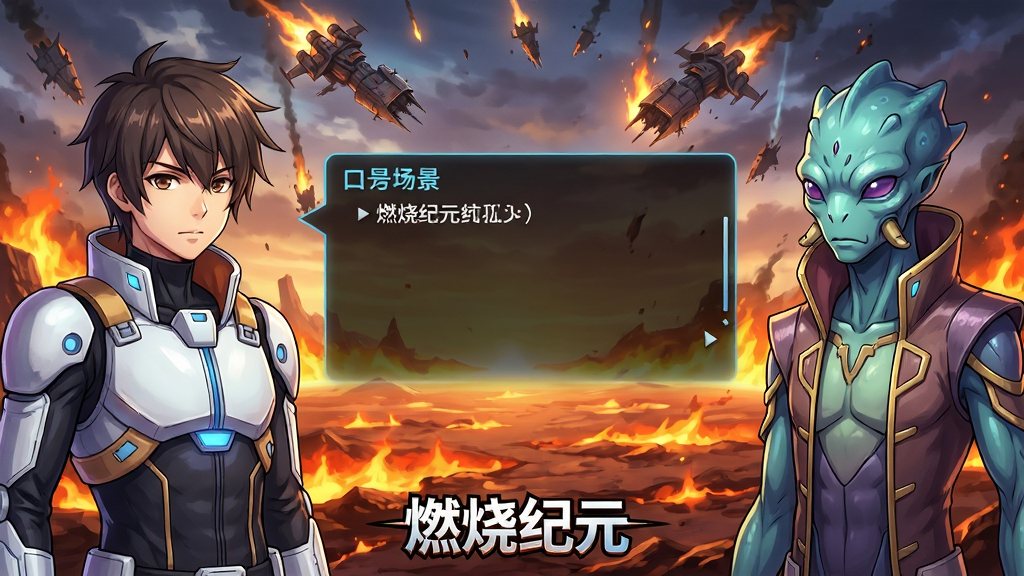 燃烧纪元剧情对话场景,画面左侧是主角半身立绘,右侧是外星种族NPC立绘,中间为对话框,背景为燃烧的星球表面,天空中有战舰残骸坠落,风格为日系二次元科幻,色彩鲜艳,画质细腻,画面底部有“燃烧纪元”Logo,干净整洁