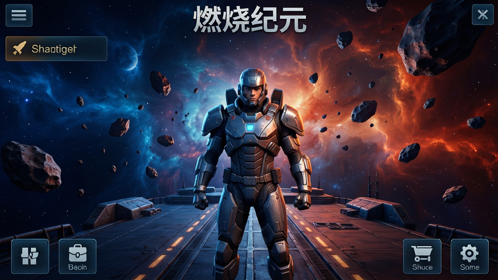 燃烧纪元游戏主界面截图,画面中央展示一位身穿机甲的主角站在星际战舰甲板上,背景是绚丽的宇宙星云和漂浮的陨石群,界面四周分布着任务、背包、商城等功能按钮,整体风格为科幻写实风,色彩以深蓝和橙红为主,画质清晰,文字标注“燃烧纪元”在画面顶部居中位置,画面干净,无多余元素