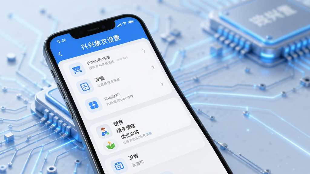兴兴象农应用故障排查与优化设置界面,画面中手机屏幕显示设置菜单和缓存清理选项,背景是简洁的科技风格,蓝色调为主,图标清晰,画质高清,干净无多余元素