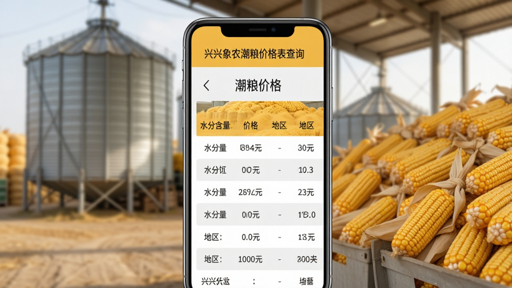 兴兴象农潮粮价格表查询界面,画面中手机屏幕展示潮粮价格表格,表格包含水分含量、价格、地区等列,背景是粮仓和玉米堆场景,色调以暖黄色和浅灰色为主,设计简洁专业,画质高清,干净无多余元素