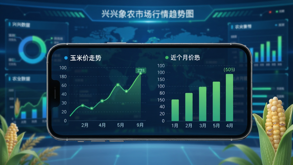 兴兴象农市场行情趋势图表展示,画面中手机屏幕显示折线图和柱状图,展示玉米价格近一个月走势,背景是农业数据大屏风格,蓝色和绿色为主色调,科技感与农业元素结合,画质清晰,干净无多余元素