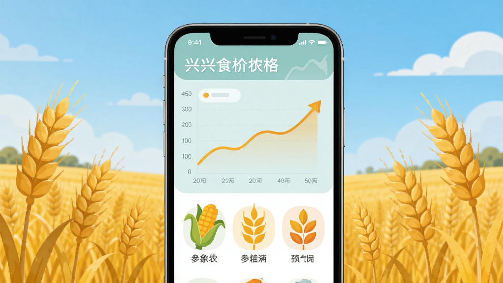 兴兴象农手机应用主界面展示,画面中央是一部智能手机,屏幕上显示粮食价格走势图和玉米、小麦等农作物图标,背景是金黄色的麦田和蓝天,整体采用扁平化设计风格,色调温暖明亮,细节清晰,画质高清,干净无多余元素
