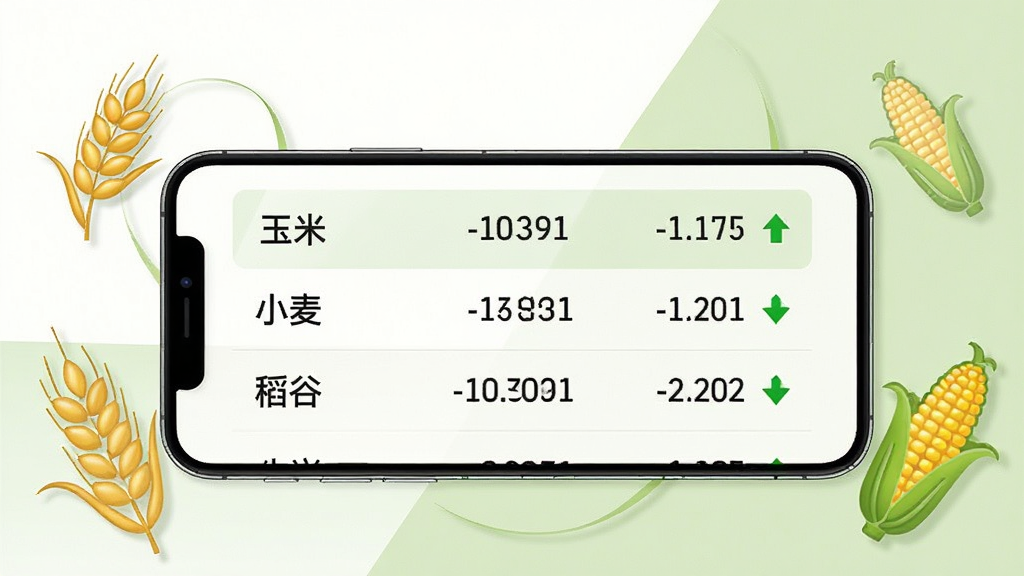 兴兴象农实时粮价查询功能展示,画面中一部手机横屏显示粮食价格列表,包含玉米、小麦、稻谷等品类的价格数字和涨跌箭头,背景是简洁的白色和浅绿色搭配,手机周围环绕着麦穗和玉米棒图标,风格清新商务,画质清晰,干净无多余元素