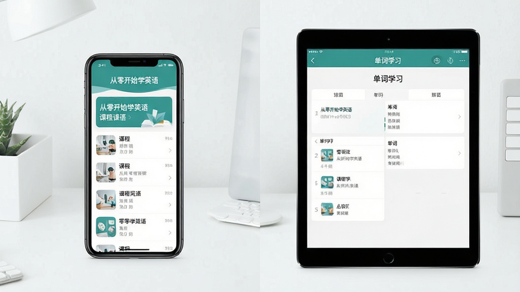 一张展示从零开始学英语APP在不同设备上使用的场景图。主体为一部手机和一台平板电脑并排显示从零开始学英语APP界面。布局为左右对比,左侧手机显示课程列表,右侧平板显示单词学习页面。排版简洁,风格为现代数码产品展示风格,细节包括设备屏幕中文字显示“从零开始学英语”和课程名称,画质高清,干净,无多余元素。
