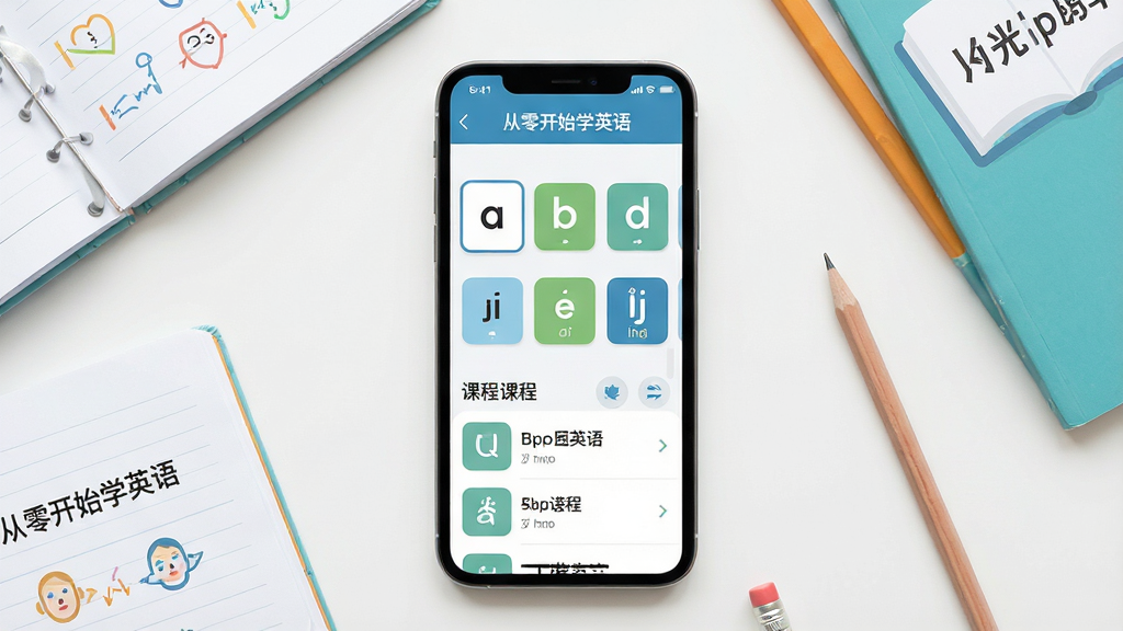 一张展示从零开始学英语手机应用界面的场景图。主体为一部竖屏智能手机,屏幕中显示从零开始学英语APP的主界面,界面上有字母卡片、音标图标和课程列表。布局为居中构图,手机周围散落着几本英语练习本和一支铅笔。排版简洁清爽,风格为现代扁平化设计,细节包括APP内文字清晰可见“从零开始学英语”字样,画质高清,干净,无多余元素。
