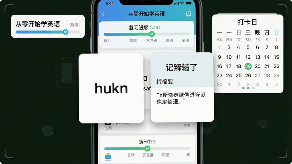 一张展示从零开始学英语APP单词记忆功能的AI生图。主体为手机屏幕显示单词卡片翻转界面,屏幕中一张卡片正面显示英文单词,背面显示中文释义和例句。布局为卡片居中,周围有复习进度条和打卡日历。排版清晰,风格为学习工具类应用界面,细节包括屏幕中文字显示“从零开始学英语”和单词记忆进度,画质高清,干净,无多余元素。