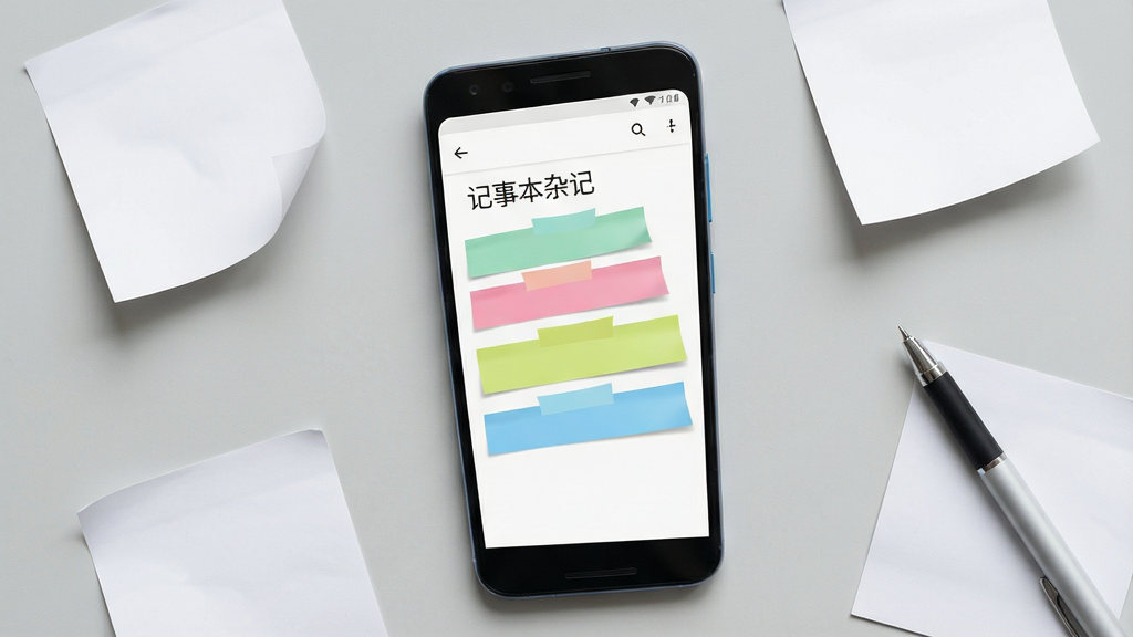 画面中央放置一部安卓手机,手机屏幕显示简洁的记事本应用界面,界面上有