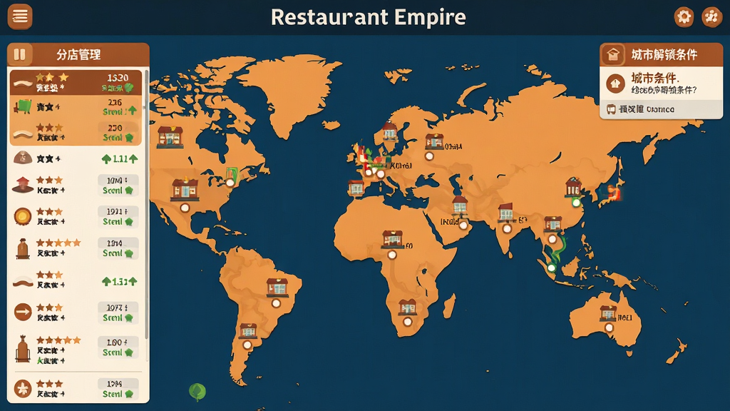 展示“Restaurant Empire”游戏中全球分店地图界面,地图上标注多个城市节点,每个节点显示餐厅等级和经营状态,画面左侧有分店管理列表,右侧有城市解锁条件提示,整体采用扁平化插画风格,色调以暖橙色和深蓝色为主,画质清晰干净,无多余元素