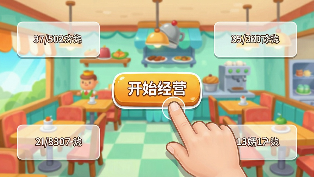 手机游戏新手引导界面截图风格,画面展示一个卡通餐厅场景,画面中央有手指点击的动画效果指向“开始经营”按钮,画面四周有半透明的提示文字框,整体色调明亮清新,画质清晰干净,无多余元素