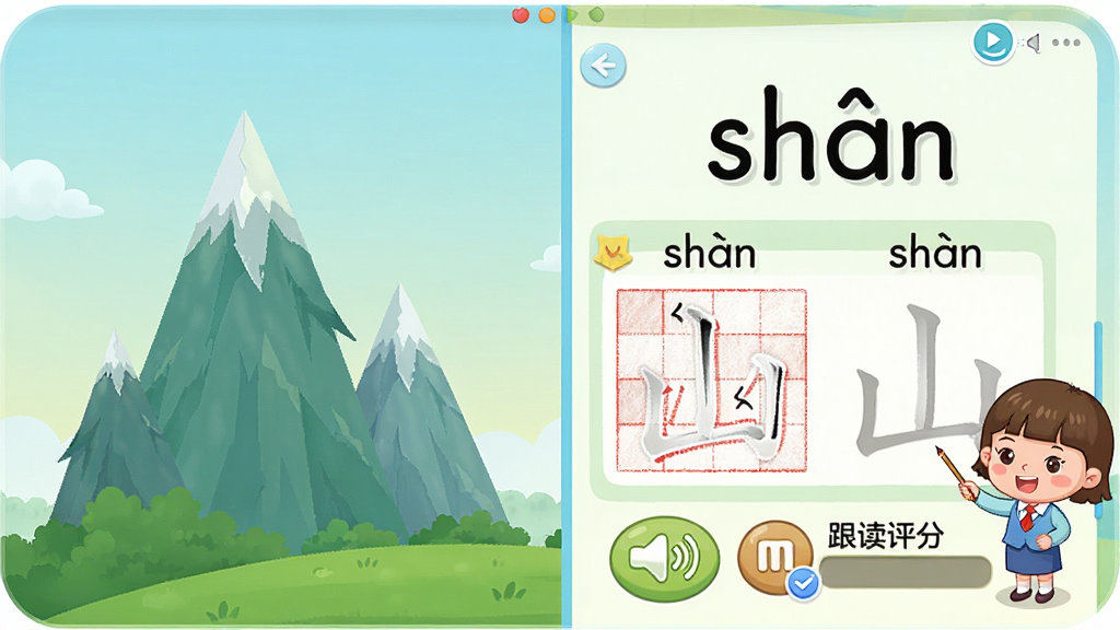 天天识字功能界面截图,展示汉字“山”的动画演示页面,左侧为动态山峰插图,右侧为拼音“shān”和组词示例,底部有发音按钮和跟读评分区域,主体为软件功能布局,排版左右分栏,风格为清新儿童教育风,细节包括笔顺描红区域和卡通小老师形象,画质高清,干净,无多余元素