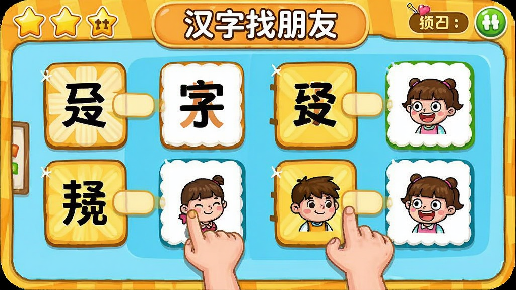 天天识字互动游戏界面,展示“汉字找朋友”游戏场景,画面中有多个汉字卡片和对应的图片卡片,孩子通过拖拽进行配对,主体为游戏互动布局,排版活泼,风格为卡通益智风格,细节包括得分星星和鼓励动画,画质高清,干净,无多余元素