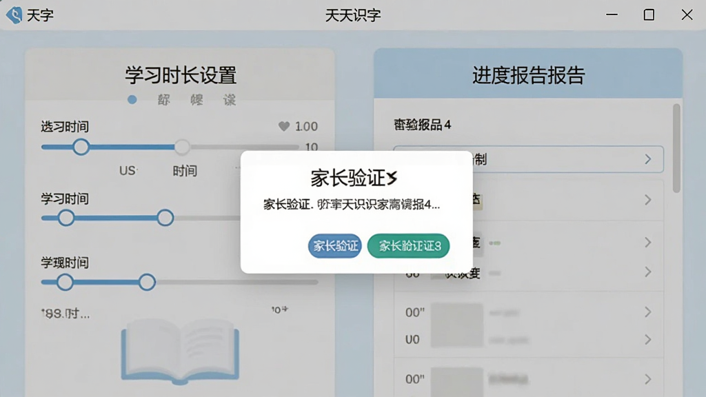 天天识字家长控制界面截图,展示学习时长设置和进度报告页面,主体为软件设置界面,排版清晰,风格为简约实用风格,细节包括时间滑块和家长验证弹窗,画质高清,干净,无多余元素