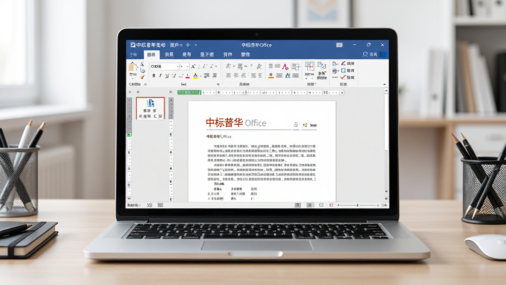 中标普华Office软件界面全貌预览图,画面中央展示一台打开的笔记本电脑,屏幕上呈现中标普华Office文字处理界面,包含中文菜单栏、工具栏和文档编辑区,背景是整洁的办公桌面,风格简洁商务,细节清晰,画质干净,无多余元素