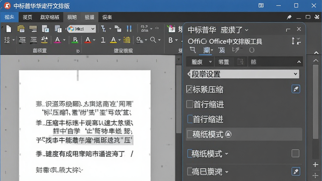 中标普华Office中文排版工具界面特写图,画面展示文字处理界面中的段落设置面板,可见中文标点压缩、首行缩进、稿纸模式等选项,风格清晰商务,细节丰富,画质干净,无多余元素