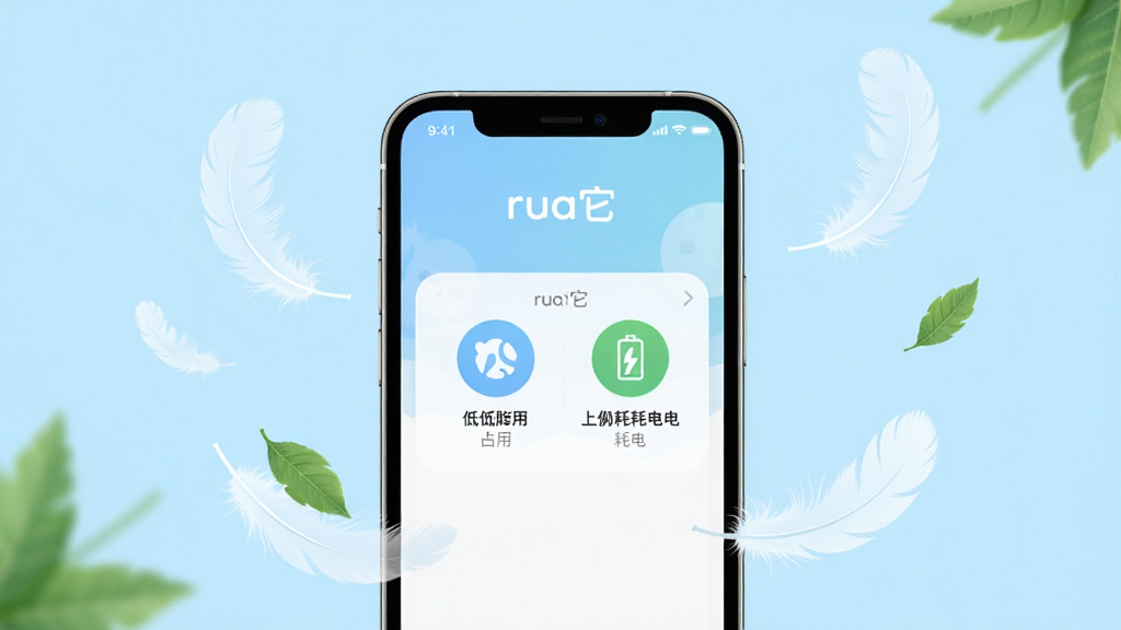 一张展示rua它软件轻量运行特性的图片,画面中是一部手机屏幕,屏幕上显示rua它软件的运行状态界面,有低内存占用和低耗电的图标提示,手机周围有轻盈的羽毛和绿叶元素,背景为清爽的浅蓝色,整体风格简约干净,画质清晰,无多余元素,图片中带有“rua它”文字标识。