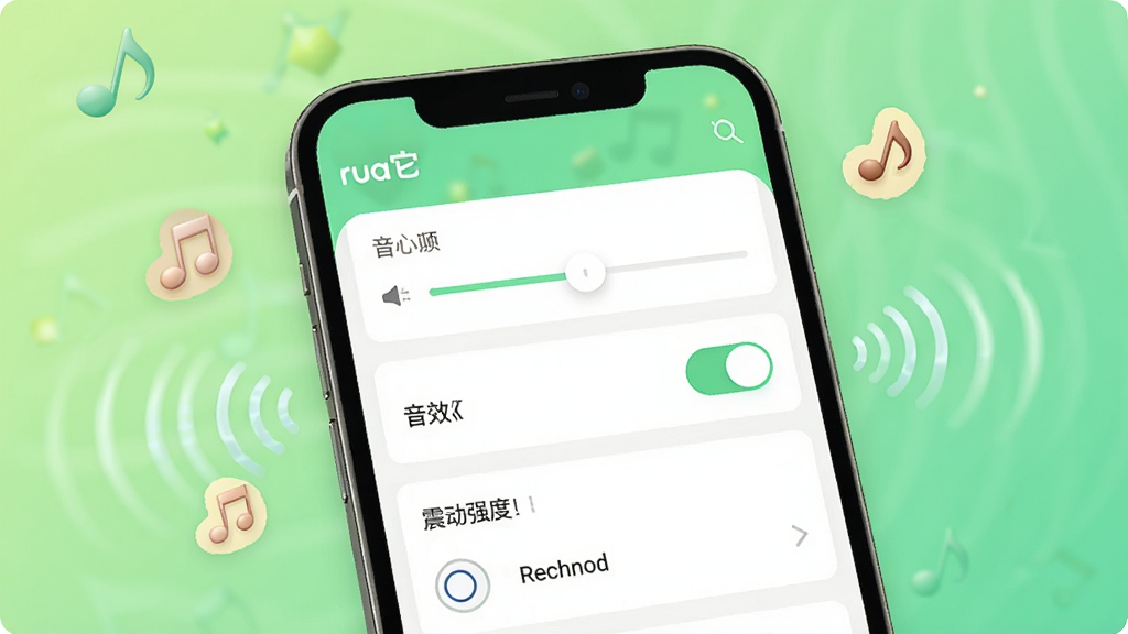 一张展示rua它软件音效与震动反馈设置的图片,画面中是一部手机屏幕,屏幕上显示rua它软件的设置界面,有音量调节滑块、音效开关按钮和震动强度选项,界面周围有音符图标和震动波纹特效,背景为柔和的绿色渐变,整体风格简洁明快,画质清晰,干净无多余元素,图片中带有“rua它”文字标识。