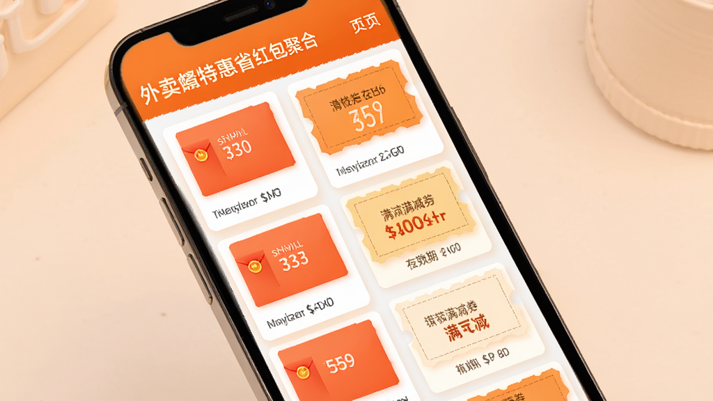 外卖点餐特惠省红包聚合页面,画面展示手机屏幕内排列整齐的红包卡片和满减券,每个卡片上标注不同金额和有效期,背景干净整洁,配色以橙色和白色为主,风格现代简约,画质清晰,无多余元素