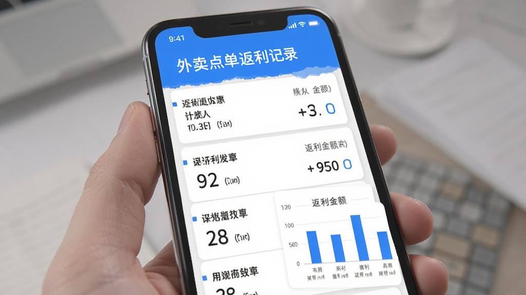 外卖点餐特惠省订单返利记录页面,手机屏幕显示订单列表和返利金额统计图表,数据清晰易读,背景简洁,配色以蓝色和白色为主,风格商务清爽,画质干净,无多余元素