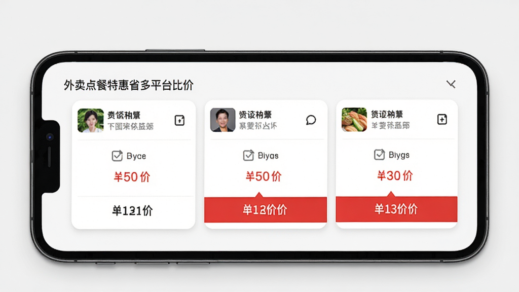 外卖点餐特惠省多平台比价功能界面,手机屏幕显示三个外卖平台的价格对比表格,最低价用红色高亮标注,背景干净,风格简洁实用,画质清晰,无多余元素