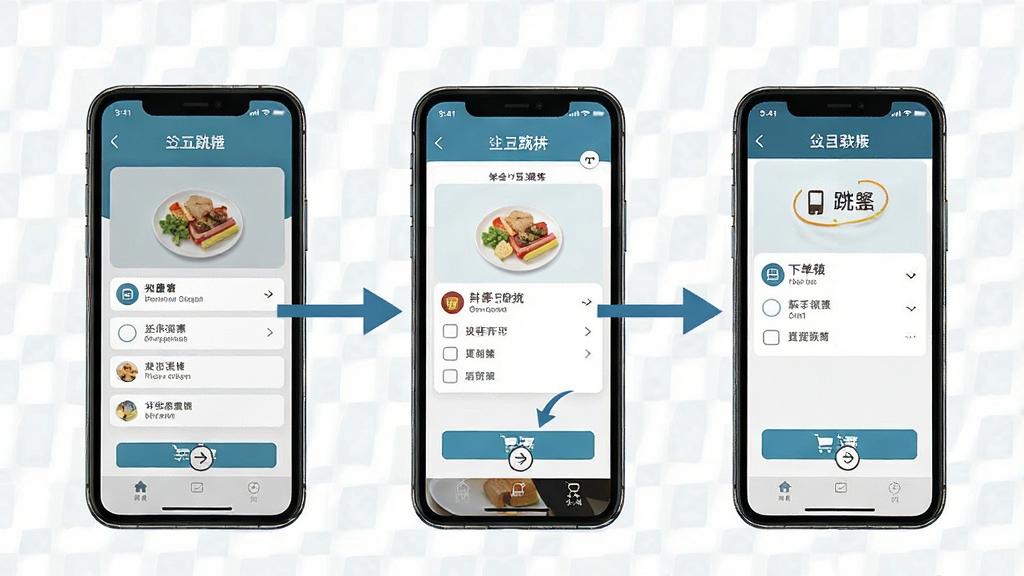 外卖点餐特惠省新手操作示意图,画面展示手机屏幕从打开软件到跳转下单的完整流程,用箭头标注每一步操作,背景简洁,风格清晰易懂,画质干净,无多余元素