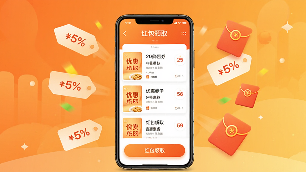 外卖点餐特惠省软件主界面展示,画面中央是一部智能手机,屏幕上显示外卖点餐特惠省的优惠券列表和红包领取按钮,背景是温馨的橙色和黄色渐变,周围漂浮着折扣标签和红包图标,风格简洁明快,细节清晰,画质干净,无多余元素,适合软件下载站展示