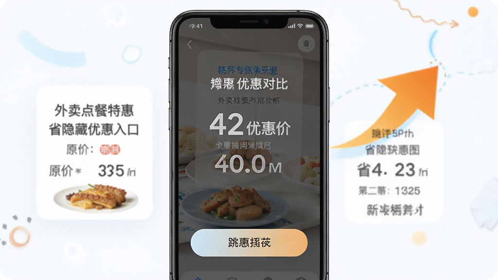 外卖点餐特惠省隐藏优惠入口功能展示,画面中一部手机显示跳转按钮和优惠对比图,左侧显示原价右侧显示优惠价,背景有箭头指示跳转路径,风格直观清晰,配色明亮,画质干净,无多余元素