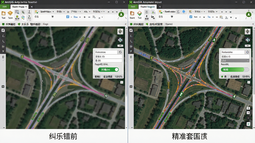 һ��չʾ̫�ֵ�ͼArcGIS��������ƫ���ܵ�ʾ��ͼ��������ArcGIS������ʸ��·��������Ӱ���ͼ�����׺ϵĻ��棬���ֲ������ҶԱ��Ű棬�����ʾ��ƫǰ�Ĵ�λ״̬���Ҳ���ʾ��ƫ��ľ�׼�׺ϣ����Ϊ����ͼ��дʵ�磬ϸ�ڰ��������������򡢾�ƫ���ذ�ť���׺Ͼ���ָʾ�������ʸ��壬����ɾ����޶���Ԫ��