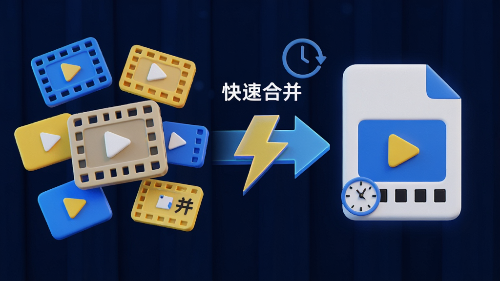 一张表现视频合并速度的创意插图,画面左侧是一堆分散的视频片段图标,右侧是一个完整的视频文件图标,中间有一道闪电形状的箭头连接,箭头旁边标注“快速合并”,整体风格为简洁科技风,色调以蓝色和黄色为主,细节包括时间节省的时钟图标,画质高清,画面干净,无多余元素,图片中带有“闪电视频合并王”字样