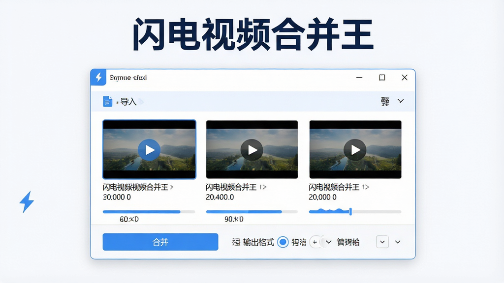 一张干净简洁的软件界面展示图,画面中央是闪电视频合并王的主操作窗口,窗口内显示三个视频文件缩略图排列在导入列表中,下方有合并按钮和输出格式选项,整体布局清晰,风格为现代扁平化设计,色调以蓝白为主,细节包括文件名称、时长信息、进度条,画质高清,画面干净,无多余元素,屏幕上方用醒目字体写着“闪电视频合并王”