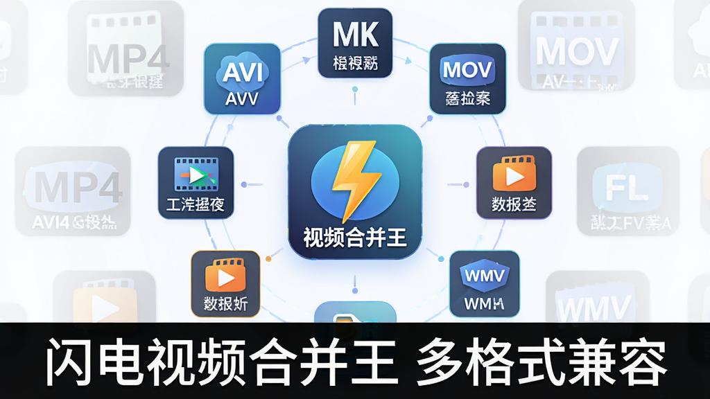 一张展示多种视频格式图标排列的示意图,画面中央是闪电视频合并王的软件图标,周围环绕着MP4、AVI、MKV、MOV、FLV、WMV等格式标签,布局呈环形排列,风格为科技感扁平插画,细节包括每个格式标签带有小图标和简短说明文字,画质高清,画面干净,无多余元素,图片下方用文字标注“闪电视频合并王 多格式兼容”