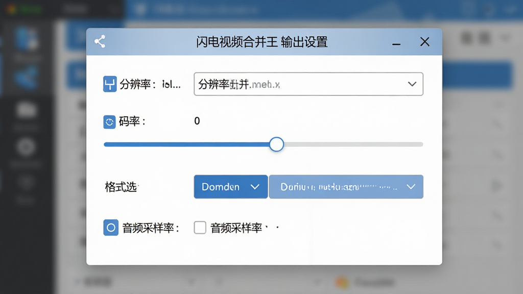 一张展示输出参数设置面板的界面图,画面中央是闪电视频合并王的参数设置窗口,包含分辨率下拉框、码率滑块、格式选择按钮、音频采样率选项,布局整齐,风格为简洁商务风,色调以灰白和蓝色为主,细节包括每个选项旁的说明文字和图标,画质高清,画面干净,无多余元素,窗口顶部标注“闪电视频合并王 输出设置”