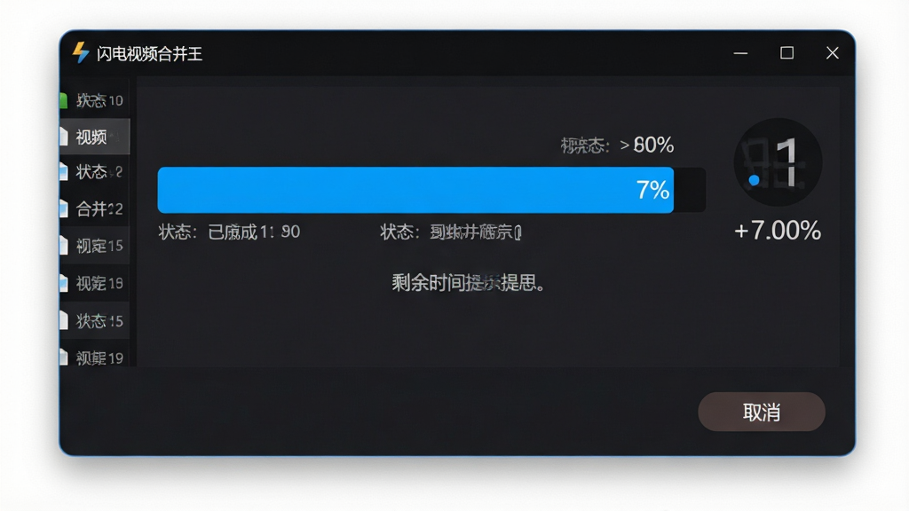 一张展示合并进度界面的示意图,画面中闪电视频合并王窗口内显示进度条已完成百分之七十,下方有剩余时间提示和取消按钮,窗口背景为深色模式,进度条为亮蓝色,风格为现代软件界面,细节包括文件列表、状态文字、百分比数字,画质高清,画面干净,无多余元素,窗口标题为“闪电视频合并王”