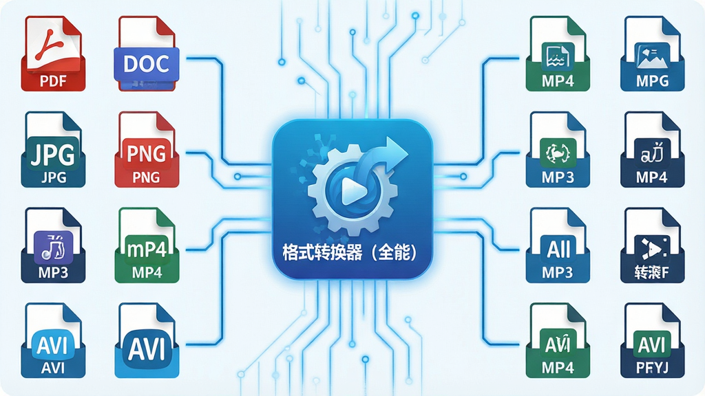 一张展示「格式转换器(全能)」多格式转换能力的示意图,画面左侧是各种输入格式图标(PDF、DOC、JPG、PNG、MP3、MP4、AVI等),中间是「格式转换器(全能)」应用图标作为转换中枢,右侧是转换后的目标格式图标,整体采用科技感蓝色调,扁平化矢量风格,布局对称清晰,画质干净无多余元素