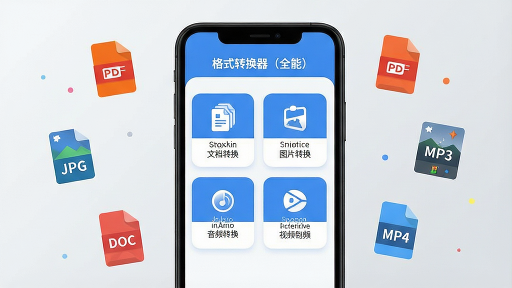 一张展示手机文件格式转换应用界面的插画,画面中央是一部竖屏智能手机,屏幕内显示「格式转换器(全能)」应用主界面,界面包含文档转换、图片转换、音频转换、视频转换四个功能入口卡片,卡片采用圆角设计,配色以蓝白为主,背景是简洁的浅灰色渐变,周围漂浮着PDF、DOC、JPG、MP3、MP4等格式图标,整体风格清爽现代,扁平化设计,画质清晰干净,无多余元素