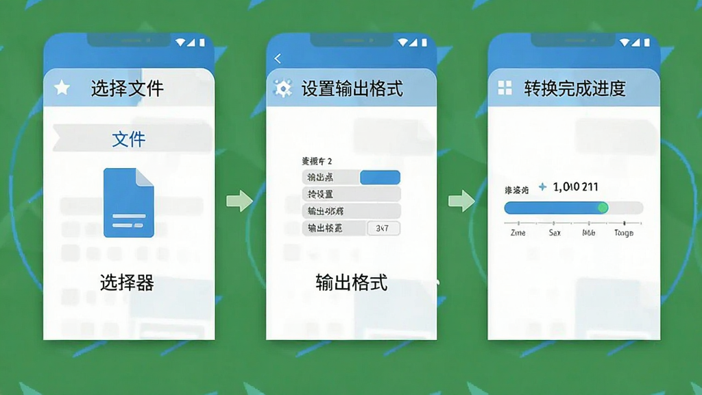 一张展示手机端使用「格式转换器(全能)」进行文件转换操作的步骤示意图,画面分为三个步骤面板,第一步显示选择文件,第二步显示设置输出格式,第三步显示转换完成进度条,每个步骤配有简洁的图标和文字说明,整体风格清新扁平化,蓝白配色,画质干净清晰,无多余元素