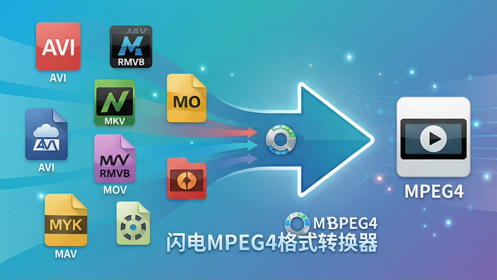 一张展示多种视频格式图标汇聚向一个中心转换箭头的示意图,主体是“闪电MPEG4格式转换器”文字标识位于中心箭头下方,布局为左侧散落AVI、MKV、MOV、RMVB等格式图标,右侧输出统一的MPEG4图标,排版呈横向流动感,风格为扁平化科技风格,细节包括彩色格式图标、渐变背景、清晰文字标签,画质干净无多余元素