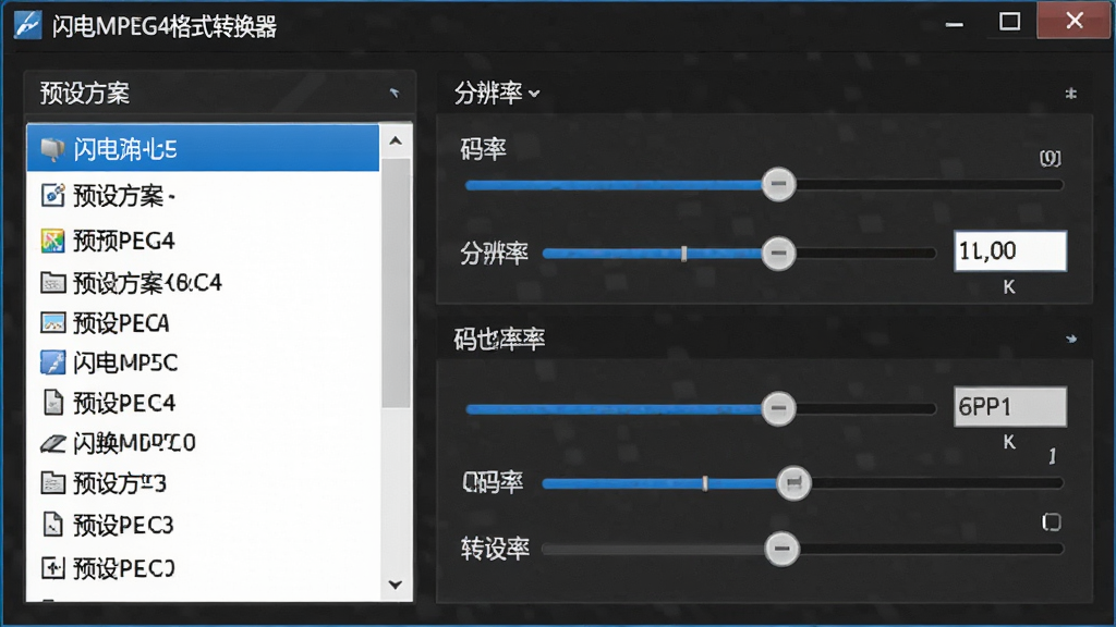 一张展示视频参数调节面板的特写图,主体是“闪电MPEG4格式转换器”的参数设置窗口,布局为左侧预设方案列表、右侧分辨率与码率滑块,排版上下分层,风格为深色专业工具风,细节包括蓝色滑块、数值输入框、预设标签,画质清晰无多余元素