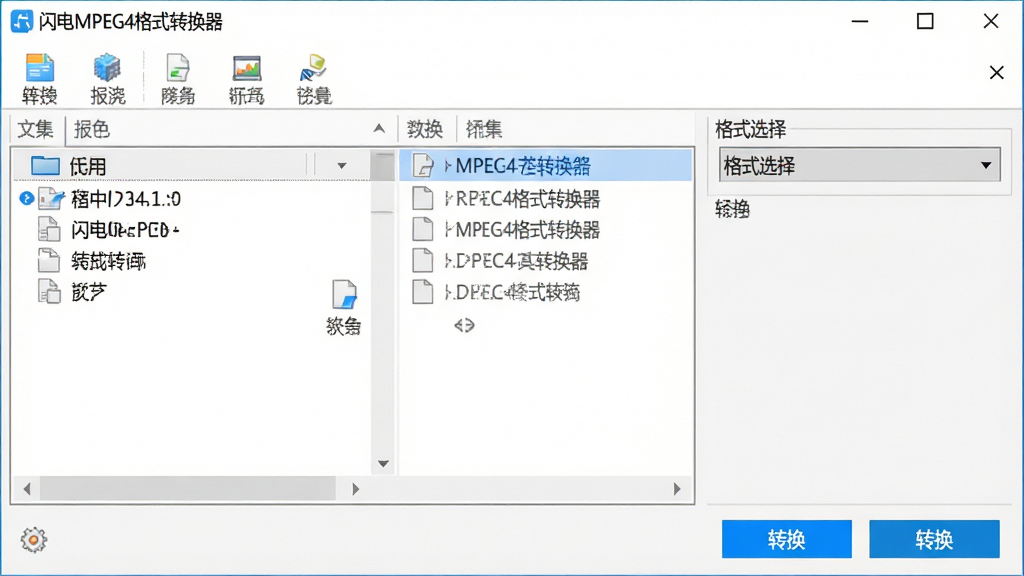 一张干净的电脑软件界面展示图,主体是“闪电MPEG4格式转换器”的主窗口,窗口内显示文件列表区域和格式选择下拉框,布局分为顶部功能栏、中部文件列表、底部转换按钮,排版整齐居中,风格为现代简约科技风,细节包括蓝色高亮按钮、白色背景、灰色分割线,画质清晰干净无多余元素