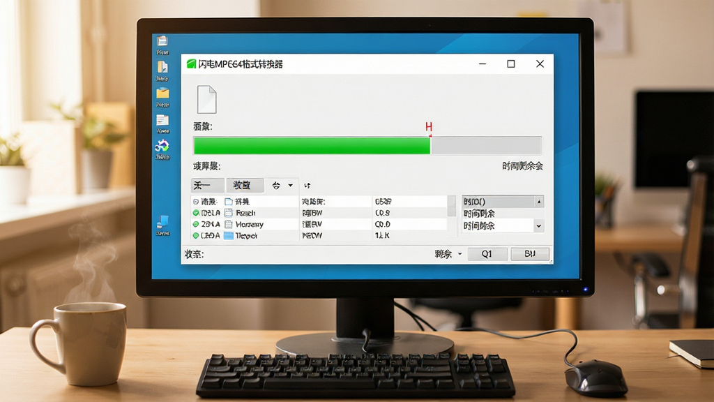 一张展示电脑桌面软件运行状态的场景图,主体是“闪电MPEG4格式转换器”窗口显示转换进度条,布局为显示器屏幕居中、周围有键盘鼠标和一杯咖啡,排版突出软件界面,风格为温馨办公实拍风,细节包括绿色进度条、文件列表、时间剩余提示,画质清晰干净无多余元素