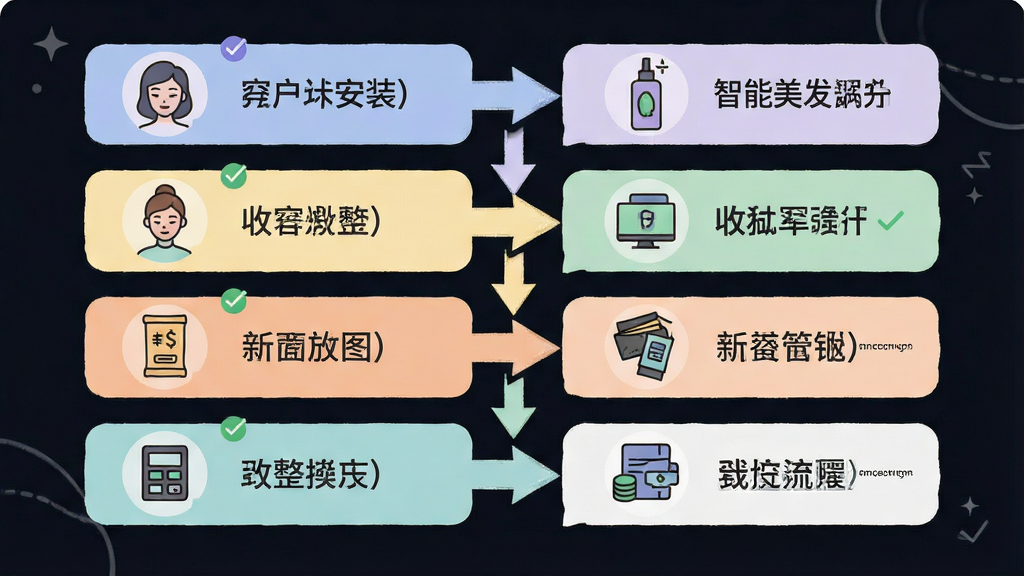 智能美容美发管理系统新手操作流程图,画面以步骤条形式展示从安装到收银的完整流程,每一步配有简洁图标和文字说明,整体采用扁平化设计风格,配色柔和,布局从上到下依次排列,细节包括箭头引导、勾选标记和提示气泡,画质干净清晰,无多余装饰元素