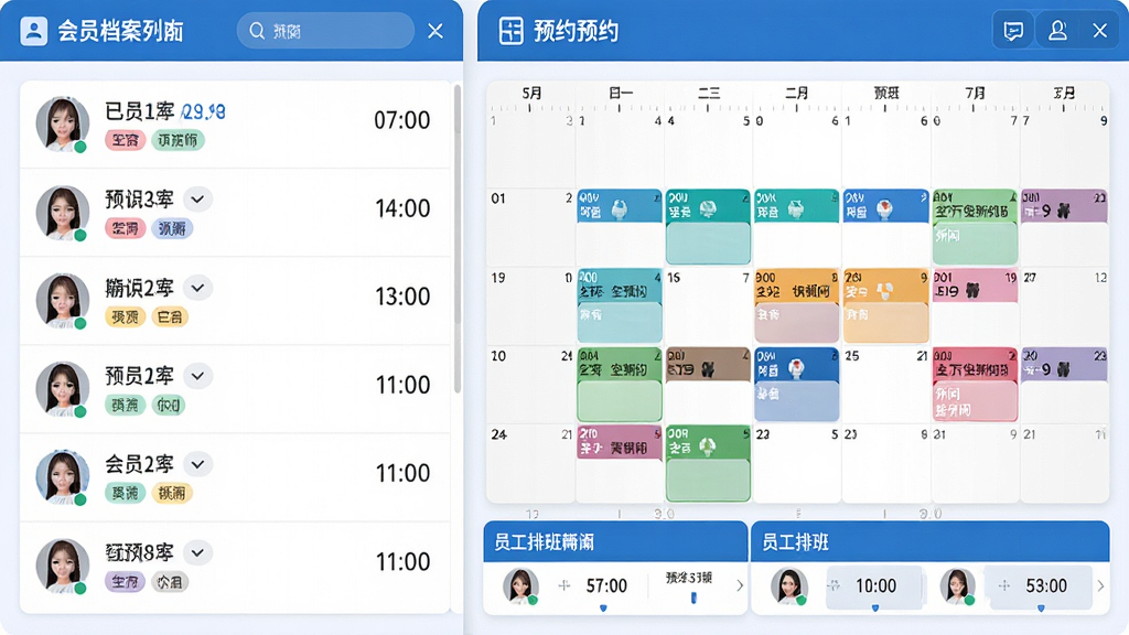智能美容美发管理系统功能界面展示图,画面左侧是会员档案列表,右侧是预约日历视图,日历上用不同颜色标注已预约和空闲时段,底部有员工排班条,整体采用蓝白配色,风格简洁专业,布局清晰,细节包括头像、标签、时间刻度,画质干净无多余元素