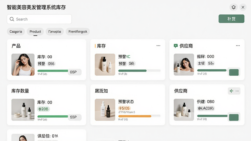智能美容美发管理系统库存管理界面图,画面展示产品列表、库存数量、预警状态和供应商信息,采用卡片式布局,每个产品配有缩略图和库存进度条,整体风格清爽素雅,细节包括搜索框、分类标签、补货按钮,画质清晰,干净无多余元素