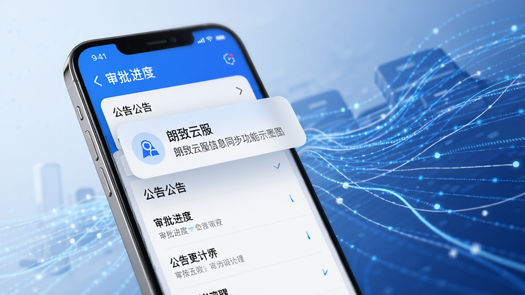 朗致云服信息同步功能示意图,画面展示手机屏幕弹出通知提醒,屏幕内显示审批进度与公告列表,背景为抽象的数据流线条,风格科技感与商务感结合,色彩以蓝白为主,细节精致,画质高清,干净无多余元素
